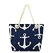 MISS FANTASY Beach Bag Anchor Print Beach Tote Large Canvas Summer Tote with Zipper Good for Beach and Travel (Navy Blue)