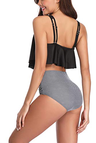 Donnalla Swimsuit for Women Two Pieces Bathing Suits Ruffled Top with High Waisted Bottom Tankini Set Black-Striped XX-Large