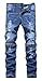 Men's Blue Ripped Skinny Distressed Destroyed Straight Fit Denim Jeans with Holes, Denim Blue, W32