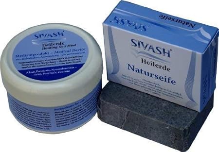 Natürliches Behandlungsset gegen Akne, Pickel, unreine Haut: SIVASH-Heilerde als Gesichtsmaske (Schlamm-Maske), 250g + Handge