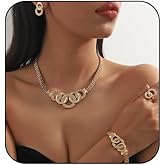 CXENSJH Gold Rhinestone Jewelry Set for Women Chunky Gold Rhinestone Necklace Bracelet Earrings Ring Wedding Prom Bridal Jewelry Set