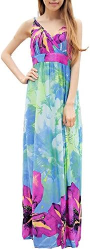 BlingZoe Women's Plus Size Foral Print Sundress Beach Dress Blue L