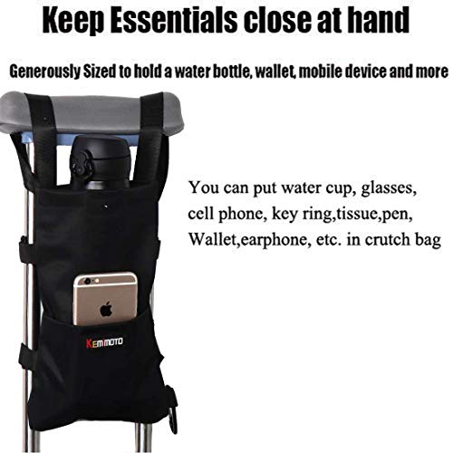 kemimoto Crutch Bag, Crutch Accessory Pouch Tote with Extra Pocket Lightweight Washable Crutch Pouch for Crutches User Storage Loose Items
