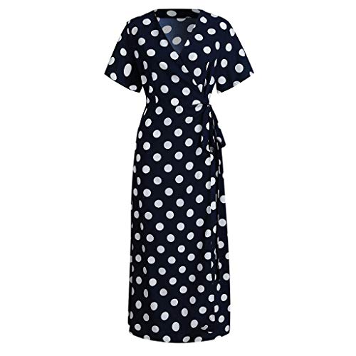 Tantisy ♣↭♣ Plus Size Short Sleeves Wrap V Neck Belted Empire Waist Asymmetrical High Low Bohemian Party Maxi Dress Navy