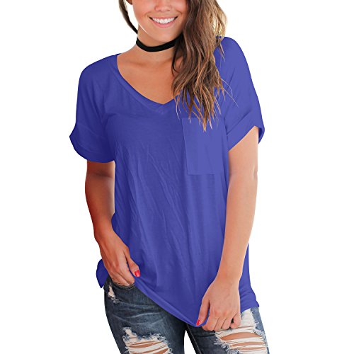 YS.DAMAI Women's Summer Basic Tee Tops Casual Loose Short Sleeve T Shirt With Front Pocket(Blue, M)