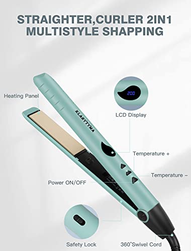 Hair Straightener Flat Iron, Mini Hair Straightener and Curler 2 in 1, Instant Heating, Adjustable Temp for All Type Hair, Professional Straightener Iron, Pouch & Glove Included, Green