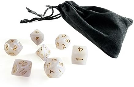 7 Piece RPG Dice Set, Elven White, Gold - Dungeons and Dragons, D&amp;D, DnD, Polyhedral, Pathfinder - Black Velvet Dice Bag Gift Back Pouch