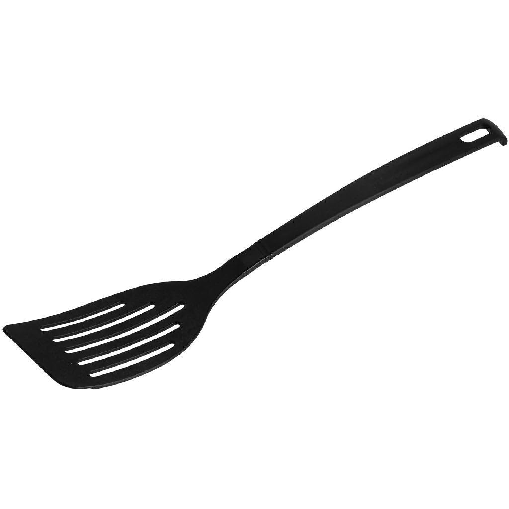 Fackelmann Nero Slotted Turner, Heat-Resistant Plastic Turner, 320 x 66 x 12 mm, Dishwasher Safe, Black, Made in Germany