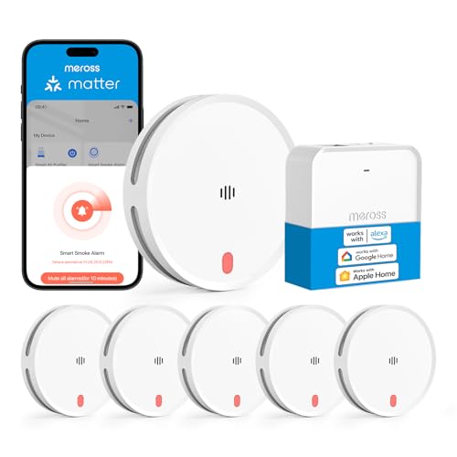 Meross Matte Smoke Detector Networked, Smart Fire Alarm WLAN with Dual Light Sensor, Fire Alarm with App Warning Message, Compatible with Home Assistant, HomeKit, Alexa, 33 mm, with MSH450 Hub, Pack