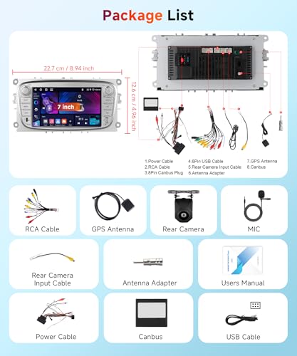 【4+64G】Hodozzy Carplay Autoradio per Ford Focus II Galaxy II Mondeo S-Max C-Max con USB USB-C, 7 Pollici Autoradio Bluetooth con Android Auto/32 EQ/FM/RDS/SWC+Retromarcia Telecamera,Argent