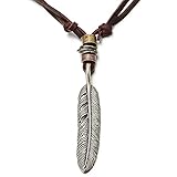 Retro Style Feather Pendant Unisex Necklace for Mens Womens with Adjustable Brown Leather Cord