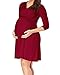 KIMILILY Women's Elegant V Neck Knot Front Ruched Stretch Maternity Dress (Burgundy,...