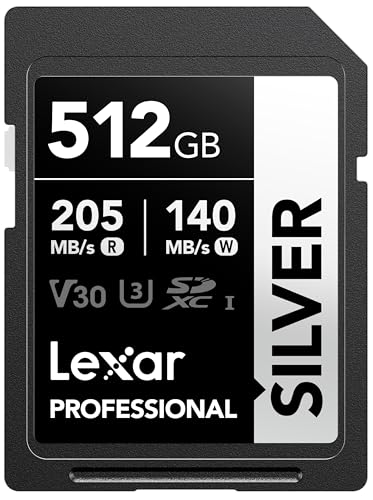 Lexar Silver SD Karte 512GB, UHS-I SDXC Card 205 MB/s Read Speed, 140 MB/s Write Speed, V30, U3, C10, 4K UHD Video, SD Card Memory Card with Lexar Lif