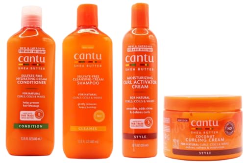 Cantu Coconut Curling Cream 12oz mit sulfatfreiem Shampoo & Conditioner 12oz & Sheabutter Feuchtigkeitsspendende Curl Activator Cream 12oz