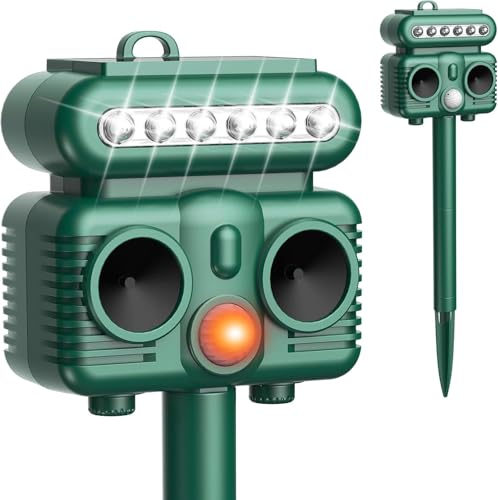 OBEST Solar Powered Animal Deterent, Ultrasonic with Light for Home Yard, Waterproof Animal Chase Device for Cat Raccoon, Sound Frequency 8kHZ