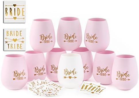 Bride Tribe Bachelorette Party Silicone Cups - Set of 10 Bundle with Temporary Tattoos Set of 12 -Bridesmaid Wedding Gift Celebration Durable Decorations