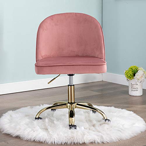 Guyou Pink Velvet Gold Desk Chair with Wheels Armless Upholstered