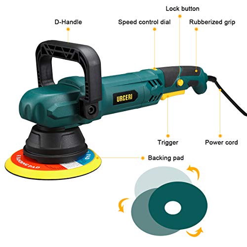URCERI Random Orbital Polisher 9A 1100W 6000 RPM Dual Action Car Buffer Sander Waxer with Adjustable D-Handle, Powerful Motor with Variable Speeds Includes 6 Foam Pads and 2 Wool Bonnets