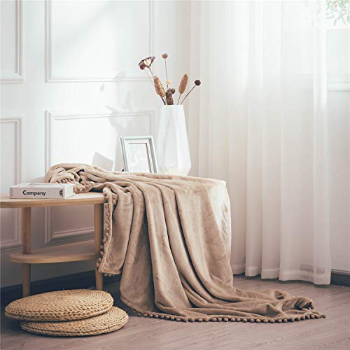 DEZENE Throw Blanket with Pompoms Tan Decorative Soft Fuzzy Fleece