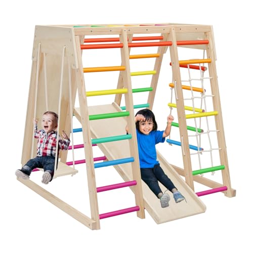 EDOSTORY 7 in 1 Pikler Indoor Playground Jungle Gym Playset, Wooden Montessori Climber with Slide, Rock Climb Wall, Monkey Bars, Rope Ladder, Climbing Rope and Swing for Kids（Rainbow）