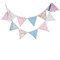 INFEI 3.2M/10.5Ft Multicolored Vintage Floral Triangle Flags Fabric Banner Bunting Garlands for Wedding, Birthday Party, Outdoor & Home Decoration (Pink & Blue)