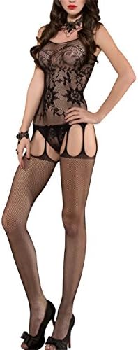 Women's Teddy Bandage Lace Lingerie Open Crotch Bodystocking Bodysuits, Black, One Size