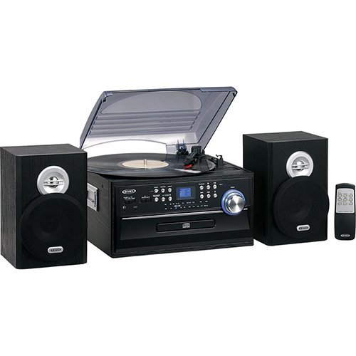 Jensen 3-Speed Turntable with CD Player, AM/FM Stereo Radio, Cassette Player and Stereo Speakers, Blue Back-Lit LCD Display, Dust Cover, Remote with Batteries Included