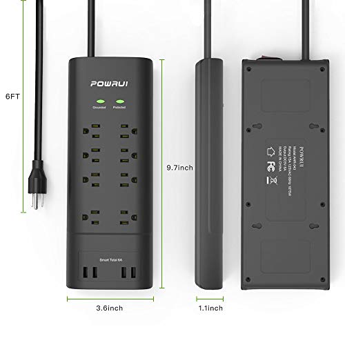 POWRUI 8-Outlet Surge Protector Power Strip with 4 USB Charging Ports and 6-Foot Heavy Duty Extension Cord, 2100 Joules
