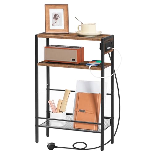 HOOBRO Narrow Side Table with Charging Station, Skinny Nightstand with USB Ports and Outlets, Slim Sofa End Table, Industrial Bedside Table with Storage Shelf, Rustic Brown and Black EBF102KBZ01