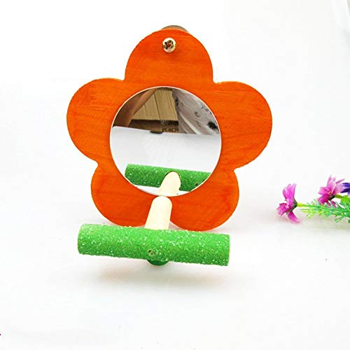 Bird Mirror Toy with Perch Wooden Parrot Hanging Stand Play Cage Toys for Parakeet Budgies Cockatiel Conure Finch Lovebird Cockatoo (Random Color) (Flower Shape)
