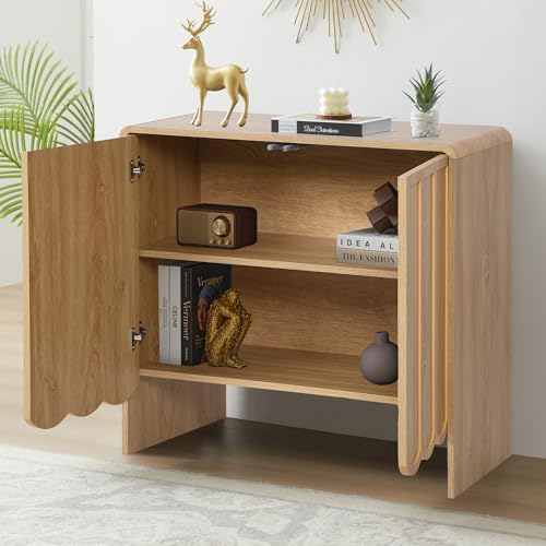 ORRD Accent Sideboard Buffet Cabinet, Storage Cabinet with 2 Doors, Farmhouse Wood Cabinet with Adjustable Shelves and Wave Panel for Living Room, Dining Room, Entry - Natural