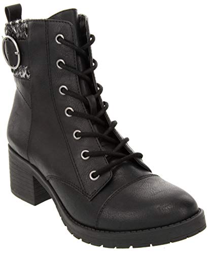 Sugar Women's Women's Kiki Block Heel Lace Up Low Shaft Ankle Combat Boot with O Ring Buckle Black w/Sweater 7.5 - Thumbnail 4