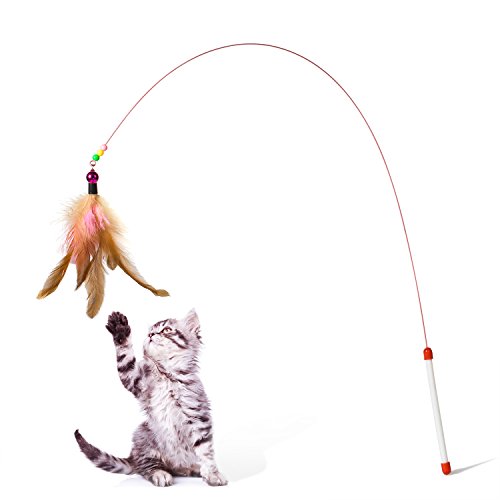 Zubita Cat Teaser, Kitten Cat Pet Dog Toy Wire Chaser Retractable Wand Rod Teaser Feather with Bell Beads Fun Exerciser Playing Toy for Kitten Cats and Puppy (1pcs)