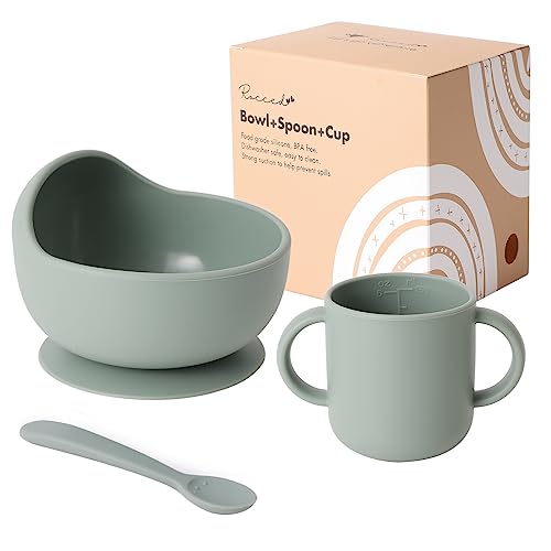 ROCCED Baby Silicone Bowls With Suction, Toddler Feeding Set - Spoons, Training Cups With Handles, Sage