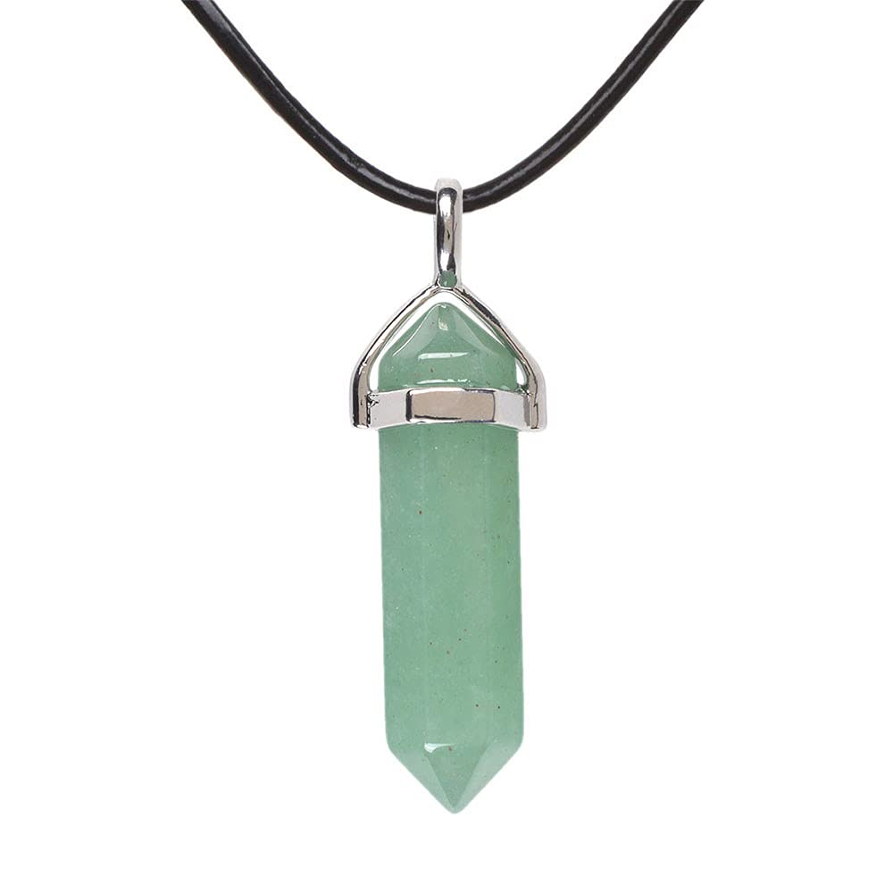 Justinstones Natural Green Aventurine Hexagonal Pointed Reiki Chakra Pendant Necklace, 18" Genuine Leather Cord, 32mm Stone, 1.57" Pendant, Women's Unisex, Stainless Steel Connector Clasp — image 1