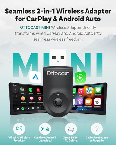 OTTOCAST Mini 2025 Adaptador automatico inalámbrico CarPlay/Android 2 en 1,WiFi de 5 GHz,conexión automática para Coches 2016+