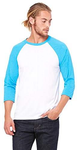 Bella + Canvas Unisex 3/4-Sleeve Baseball T-Shirt, Small, WHITE/NEON BLUE