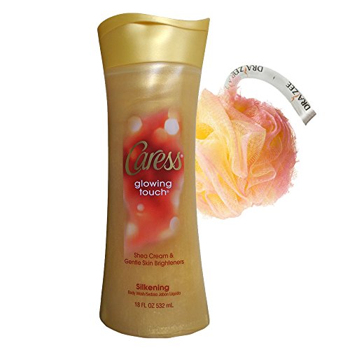 Caress Body Wash, Glowing Touch 18 Ounces with 5" Exfoliating Mesh Pouf Shower Sponge by Draizee