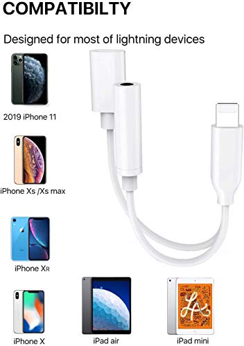 Headphones Adapter for iPhone Charger Dongle 3.5mm Jack AUX Audio Cable Adaptor Music & Charging for iPhone 7/7 Plus/XR/XS Max/11/11 Pro Splitter Aux Adapter Earphone Converter Support iOS 12/13