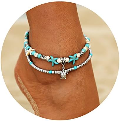 FineMe Starfish Turtle Anklets Bracelet Layered Boho Gold Chain Silver Heart Beach Foot Jewelry Women Girls