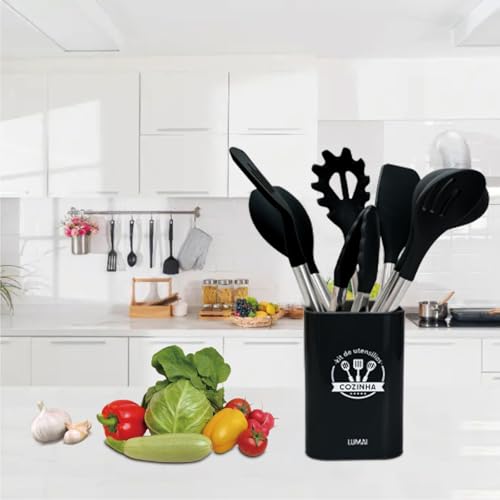 LUMAI Kit 8 Utensílios de Cozinha Grandes em Silicone Preto e Aço Inox, Resistentes ao Calor, Design Antiderrapantes e Antirriscos, Acessórios de Cozinha Espátula, Colher, Pegador, Concha e Balde