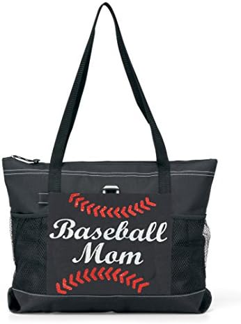 Glitter Baseball Mom Tote. Silver glitter with Red glitter Baseball Stitches on a Large Black Tote