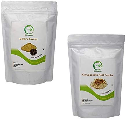 SK ORGANIC Gokhru (Tribulus Terrestris/Gokshura) Powder & Ashwagandha Powder (Withania Somnifera) Ayurvedic Herbal Supplement That Promotes Vitality & Strength Combo Pack Each 250 gm