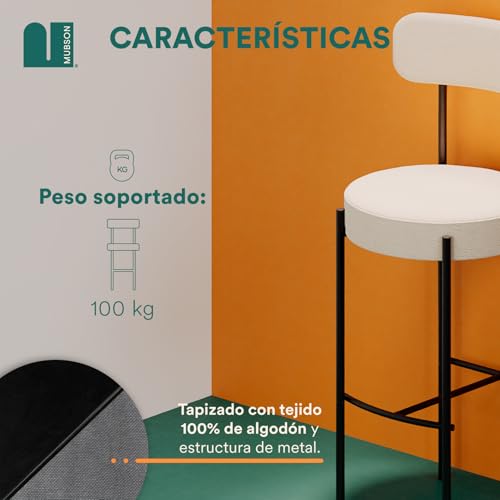 MUBSON Juego de 2 Bancos para Barra de Cocina. Par de Taburetes de Cocina o Bar T﻿apizados. Set de 2 Sillas Altas Altura de 1 Metro con Respaldo Luma. Bar Chairs