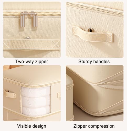 Comforter Clothes Storage Bag, 2 Pack Large Capacity Blanket Store Bags, 3-Layer Ultra Space Saving Compression Organizer, Washable Compression Case for Storing Blanket, Duvet, Pillow (Beige, 130L)