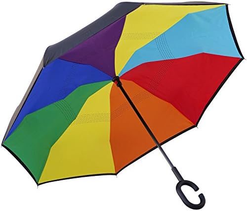 Premium Inverted Double Layer Umbrella -Easy Reversible Dry Folding Motion (Rainbow)