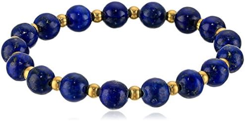 Crucible Jewelry Unisex Adult Gold Plated Polished Stainless Steel Lapis Lazuli Stone Beaded Stretch Bracelet (8mm Wide), Blue/Gold, One Size