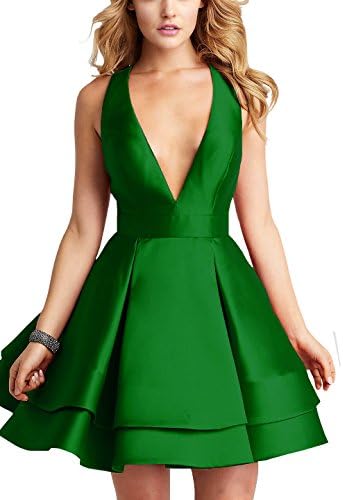 SHYijia Women's Sleeveless Short Prom Homecoming Dress V Neck Satin Ruched Formal Ball Gowns Size 4 Emerald Green