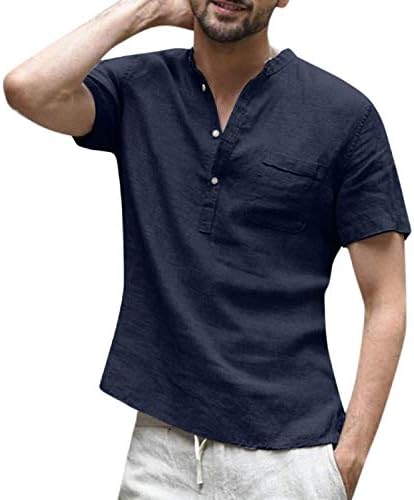 LEEDFORD Mens Cotton Linen Hippie Button Up Henley Shirts, Casual Short Sleeve Retro Solid Loose Fit T Shirts Blouse