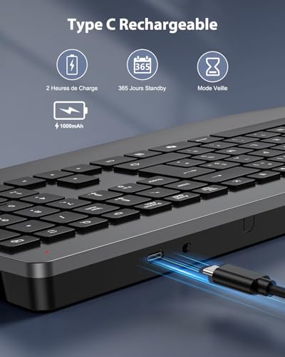 TECURS Ergonomic Wireless Keyboard with Wrist Rest, 2.4G Wireless Quiet Rechargeable Keyboard with Copilot, Backlit, AZERTY Computer Keyboard for Windows 11/10/8/7/Vista/XP, Linux
